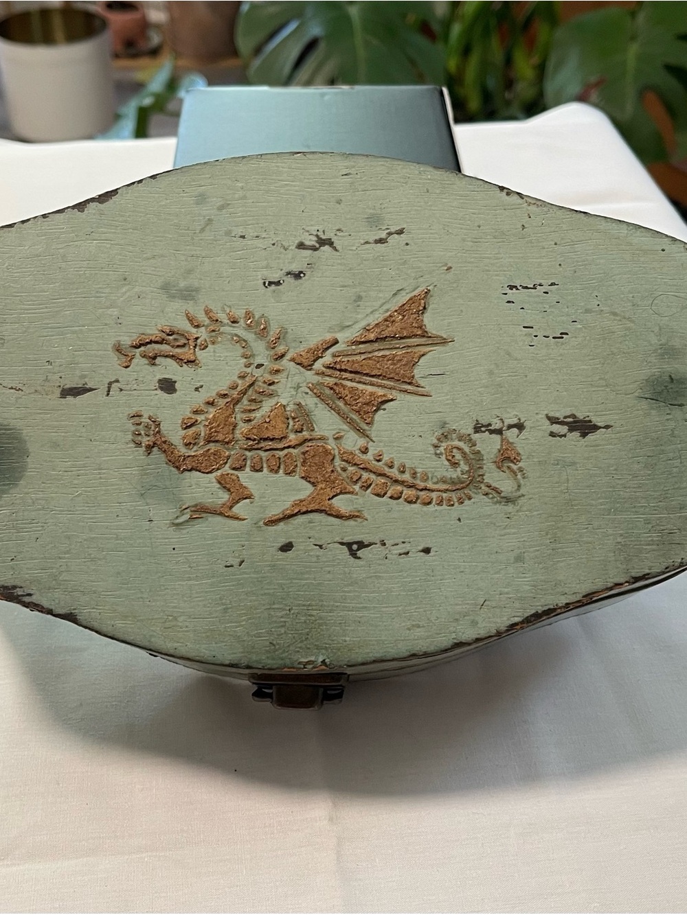 Handpainted Dragon Jewelry Box in Sage Green - 9.25” Across